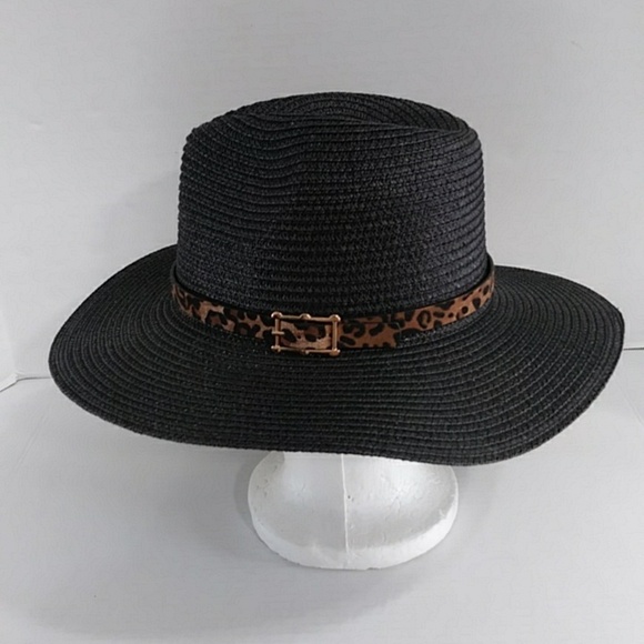 Women\'s Black Leopard Band Straw Safari Hat *NWOT* main image 5
